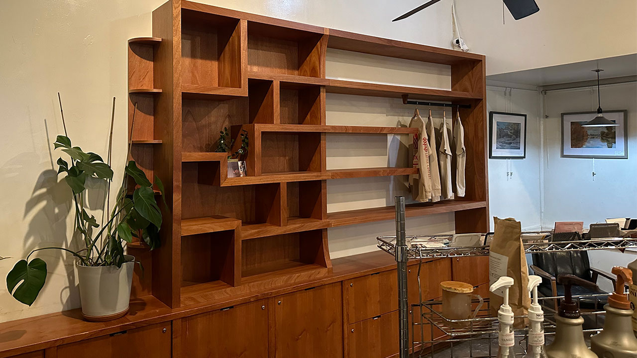 Mahogany Shelving in Coffee Shop